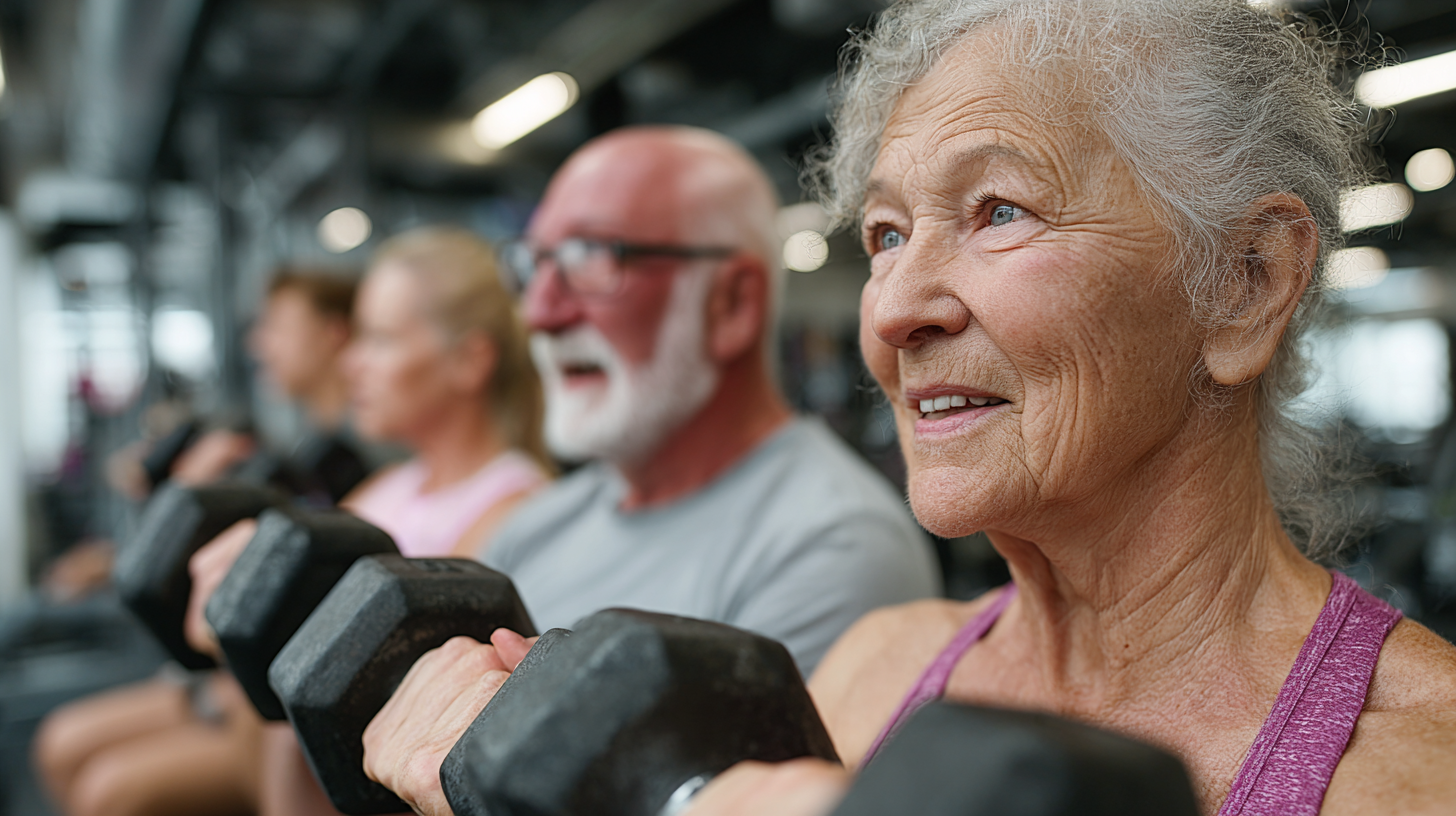 Група людей старшого віку займається фітнесом в сучасному залі
